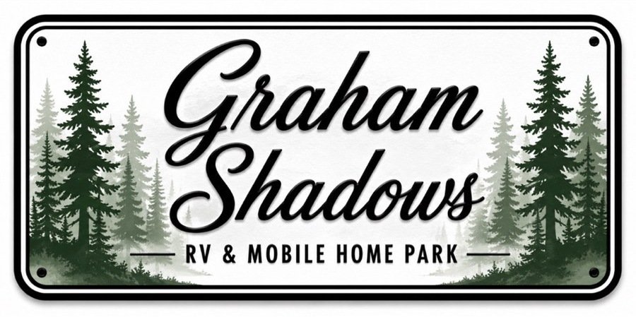 The Graham Shadows RV & Mobile Home Park sign, with pine trees